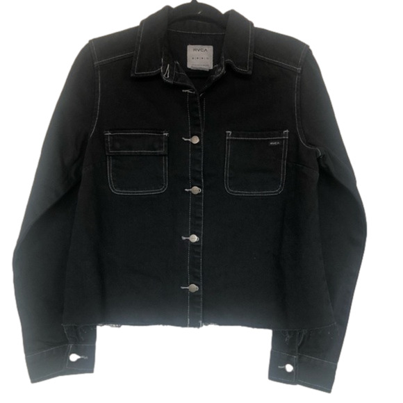 RVCA Daze Denim Jacket Raw Hem Button Up Pockets M (10) Black Skater Streetwear - Picture 4 of 13